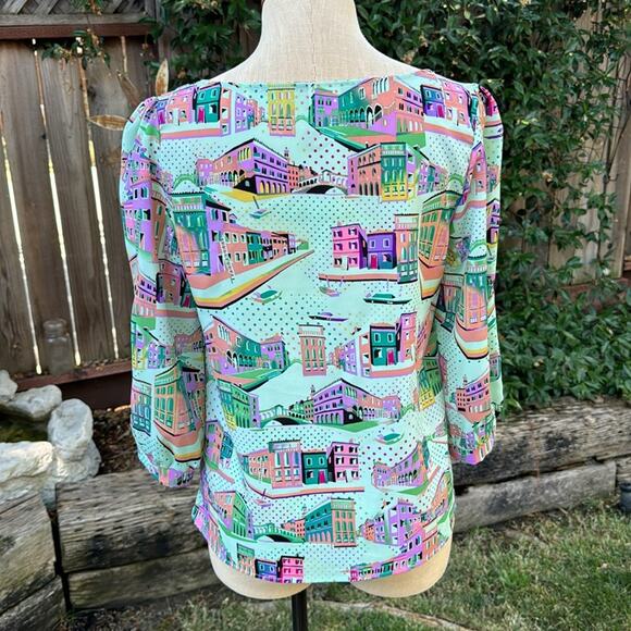 Pink Owl Vibrant Colorful City Scene 3/4 Sleeve Top Woman's Small - Picture 5 of 8